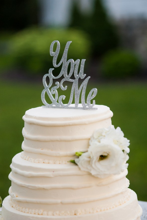 All White Wedding Cake with Silver Script Cake Topper