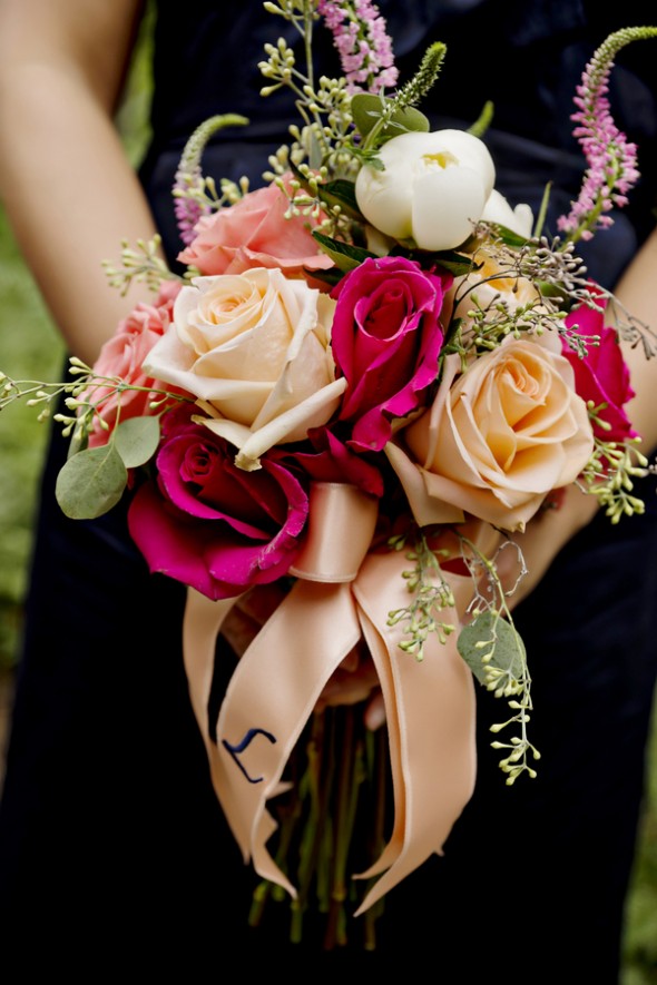 Bridesmaids Bouquet of Red and Peach Flowers