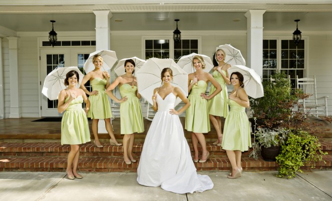 Bride and Bridesmaids with White Umbrellas