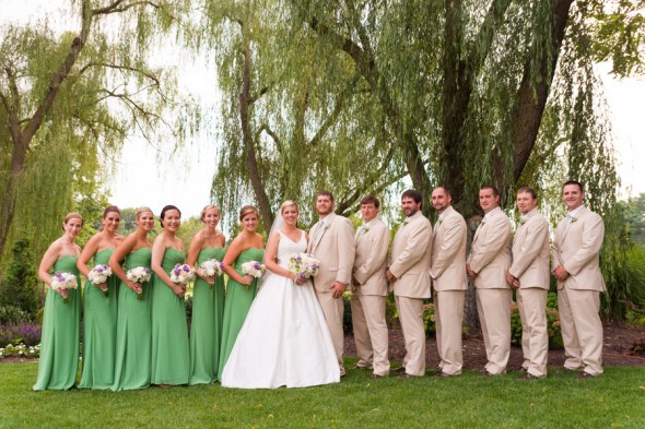 Bridesmaid in Long Green Dresses Groomsmen in Khaki Suits