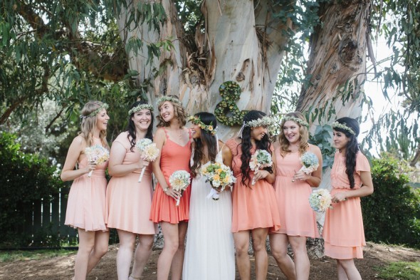Bridesmaids in Short Peach Dresses