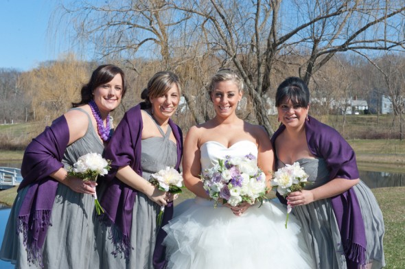 Bridesmaids in Gray Dresses with Purple Pashminas