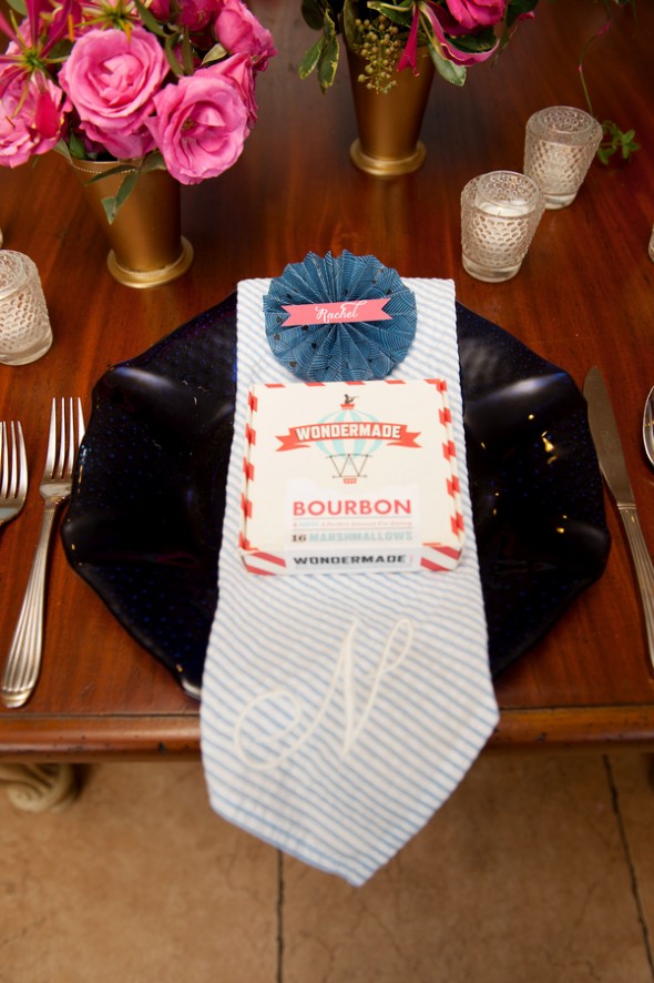 Preppy Wedding Table with Seersucker Napkins and White and Red Party Favor