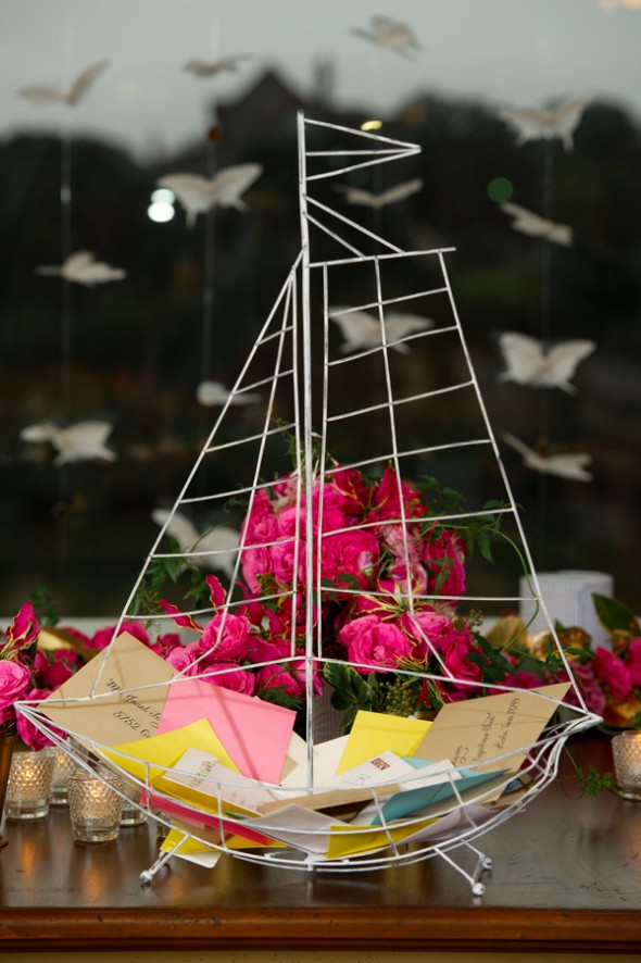 Naticul Inspired Theme Wire Sail Boat Sculpture Holds Wedding Cards