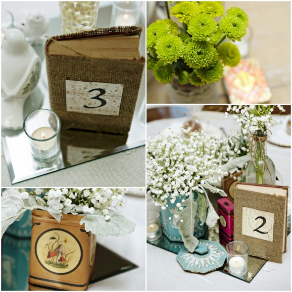 Burlap Book Cover as Wedding Table Numbers