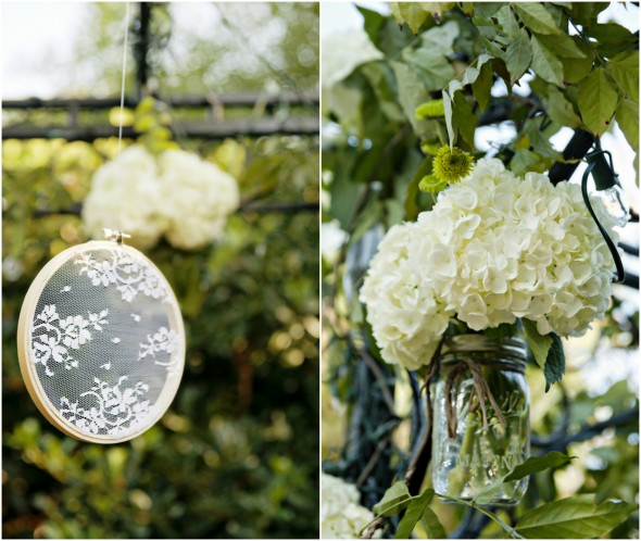 Lace and Flowers Decorate an Arbor for Outdoor Wedding Ceremony