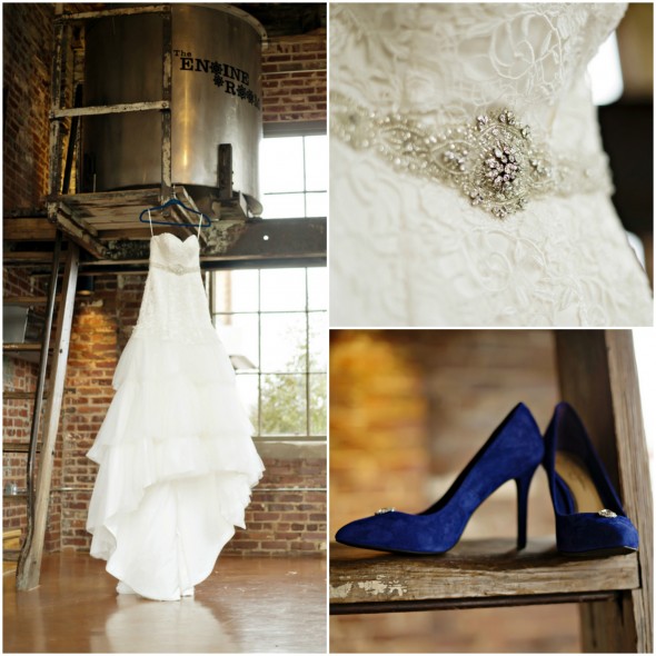 Beaded Wedding Dress and Blue Suede Heels